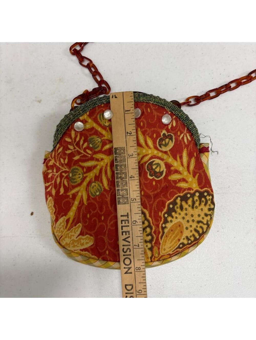 Vintage Handmade Fabric Purse Red Yellow Floral Pattern Tortoiseshell Chain - Picture 4 of 7